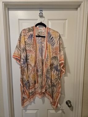 Natural Reflections Pastel Tropical Sheer Kimono with Coral Trim